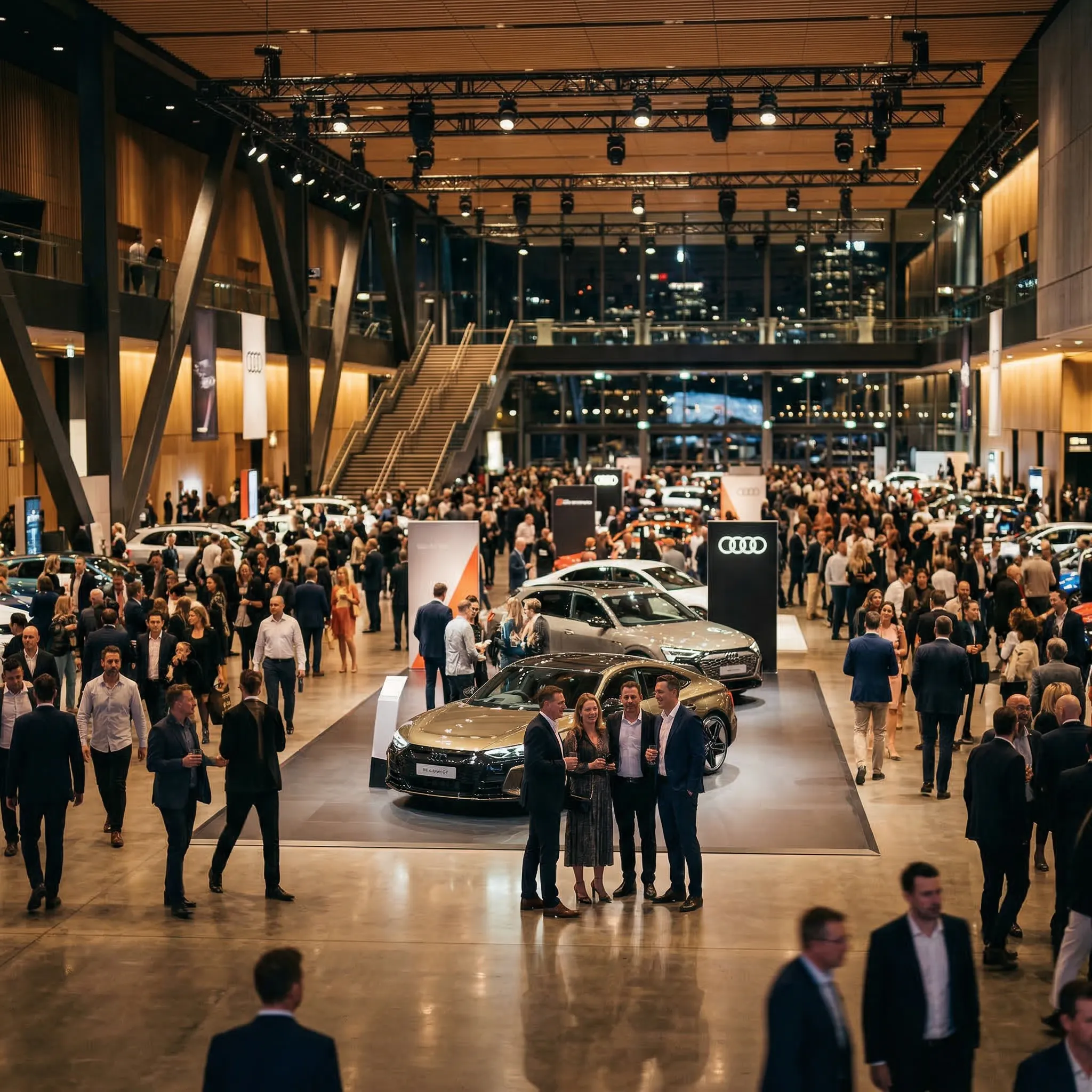 Large open-air stadium filled with a crowd waving international flags